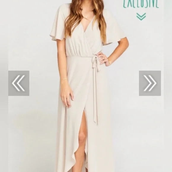 NEW Show Me Your Mumu Sophia Wrap Short Sleeve Bridesmaid Dress Beige Size Small - Picture 2 of 16
